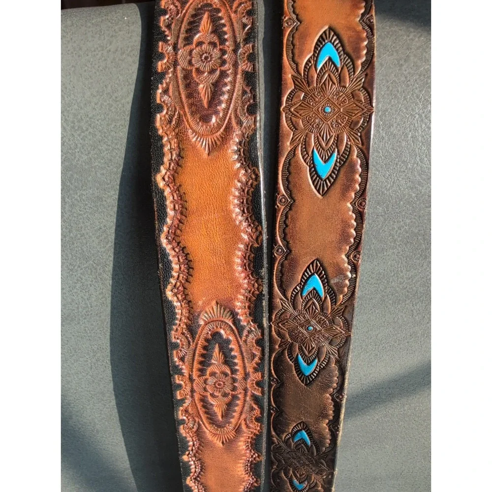 VTG Lot of 2 Brown Hand Tooled Leather and Belts Western Mens 42